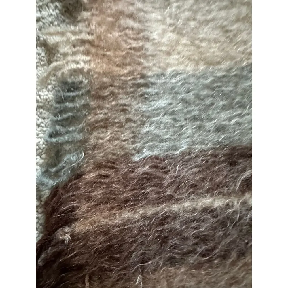Vintage Mohair & Wool Throw plaid beige blue tan fringed fuzzy 52x36”